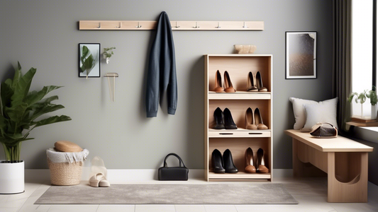 Create an image of a sleek, modern entryway with innovative space-saving shoe storage solutions. Show a wall-mounted shoe rack with adjustable shelves, a bench with hidden shoe compartments, and hooks for hanging shoes. The design should emphasize fu