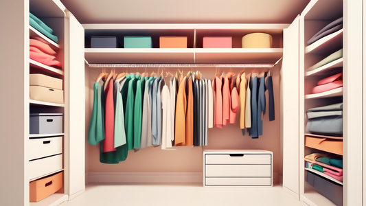 A neatly organized closet with piles of folded clothes, empty hangers, and a few storage boxes, in a soft, minimalist style