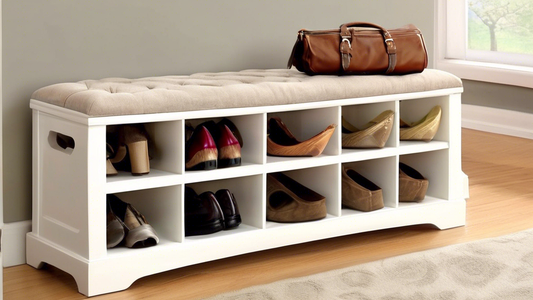 Create an image of a stylish entryway with a shoe storage bench that seamlessly combines functionality and aesthetic appeal. Show a well-organized space with neatly arranged shoes inside the bench, enhancing the overall decor of the entryway. The ima