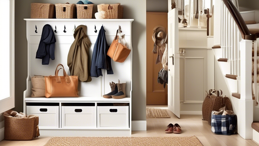 Create an image of a stylish and organized entryway with ten different storage solutions for a busy family on the go. Include features like hooks for coats and bags, shelves for shoes and accessories, bins for mittens and hats, and a bench with hidde