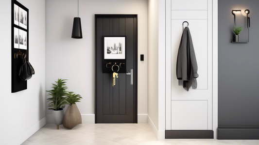 Create an image of a sleek and modern hallway featuring a variety of stylish key holders that blend seamlessly with the decor of the living space. Each key holder should have a unique design and be displayed in a way that adds a touch of elegance to 