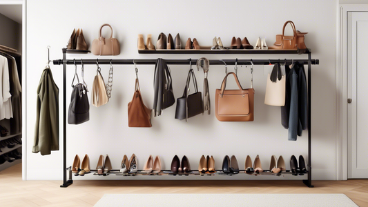 Create an image of a stylish and efficient shoe closet organization system featuring key hook bars for hanging and organizing various types of shoes, creating a sleek and clutter-free look. The design should showcase different types of shoes neatly d