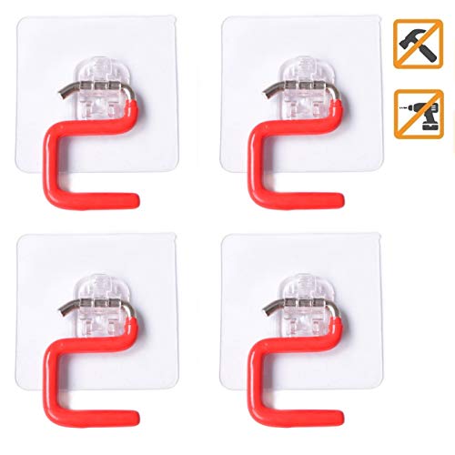 VaLaVie Mop Broom Holder Racks Self Adhesive No Drilling Hook Garage Storage Racks Organizer for Clean Tools (Red Adhesive Hook)