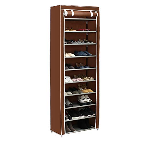 Home-Like 10-Tier Shoe Rack with Dustproof Cover 30 Pair Shoe Organizer Shoe Rack Tower Zippered Storage Shoe Cabinet in Black Ideal for Hallway Corridor L24.02''xW12.2''xH67.72'' (Brown)