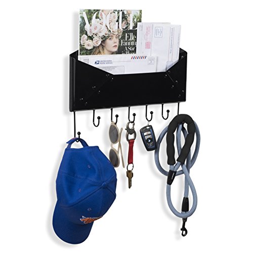 Wallniture Foyer or Entryway 16 inch Organizer Rack Wall Mountable Key Hangers Mail Holder Steel Black …