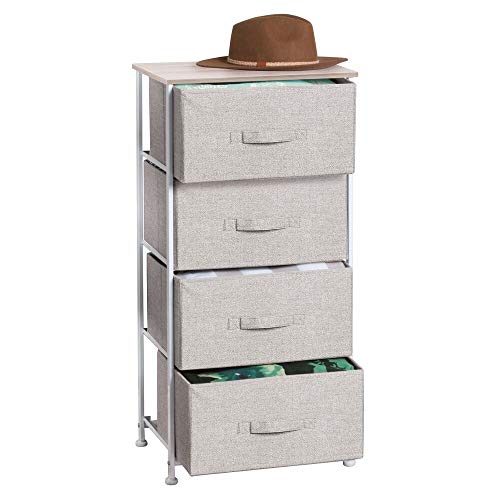 mDesign Vertical Dresser Storage Tower - Sturdy Steel Frame, Wood Top, Easy Pull Fabric Bins - Organizer Unit for Bedroom, Hallway, Entryway, Closets - Textured Print - 4 Drawers - Linen/Natural