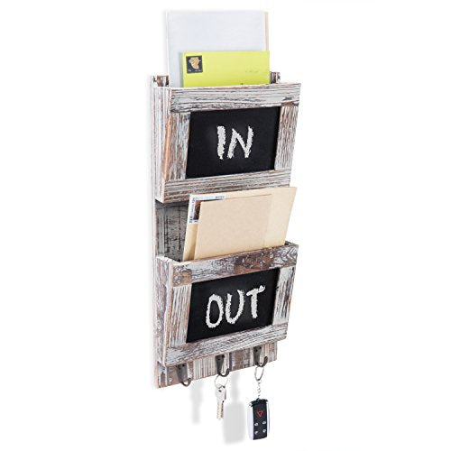 MyGift Rustic Wood Wall-Mounted 2-Slot Mail Sorter Organizer with Chalkboard Surface & 3 Key Hook Rack