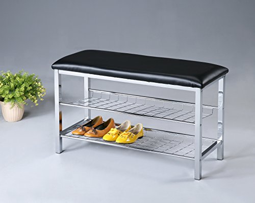 Roundhill Furniture Metal Shoe Bench with Faux Leather Seat, Chrome and Black