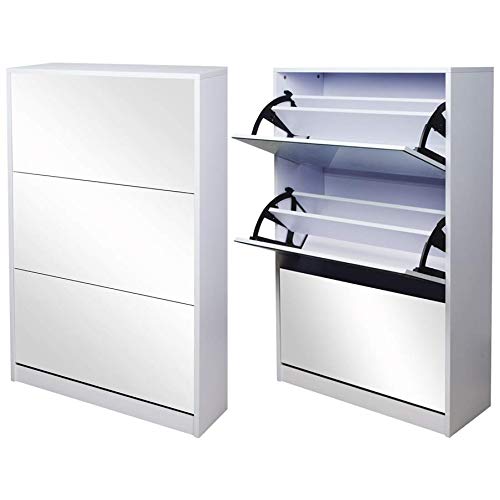 GLS White Wooden Mirrored Shoe Cabinet Storage with 3 Doors for Entryway