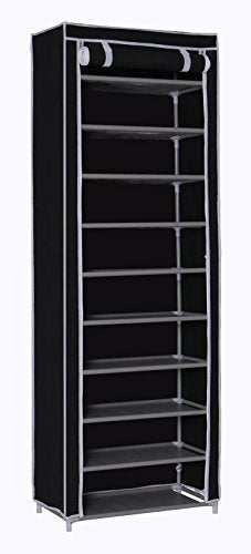 MULSH Shoe Rack Shoe Storage Organizer 10-Tier Shoes Case Unit with Dustproof Non-Woven Fabric Cover 30 Pairs Shoe Tower Standing Storage Organizer in Black,24.2”W x 12.4” D x 68.3”H (Black)