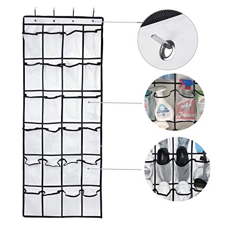 Over the Door Hanging Shoe Organizer, 24 Large Mesh Pockets Shoes Storage and Closet Organizer With 4 Unique Customized Strong Metal Hooks for Kitchen Accessory Holder - Space Saving Solution(White)