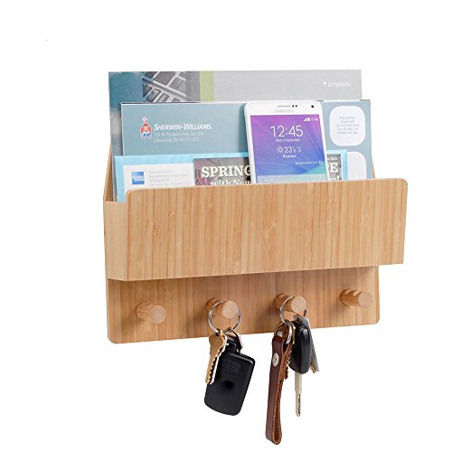 MobileVision Bamboo Mail & Letter Wall Mount Organizer with Key Hooks for Entryways, Hallways, Offices, Kitchens and More