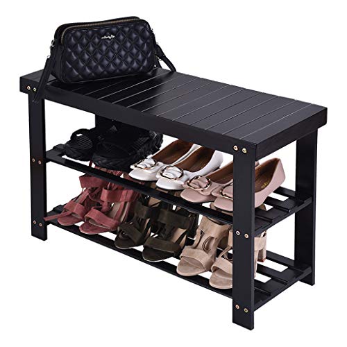 Micozy 3-Tier Bamboo Shoe Rack Bench Shoe Organizer Max Holds Up to 260 lb Multi-Function Storage Shelf for Entryway Hallway Bathroom Living Room Corridor and Garden Black 28 x 11 x 8