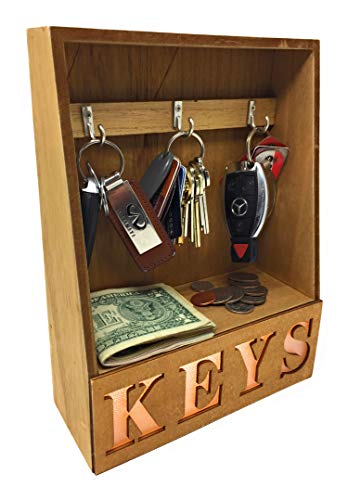 Light Up LED Key Organizer - Desktop Tabletop Key Holder Keys Hanger 3 Hooks Rack with Small Shelf for Coins Currency - for Home Decor Entryway Credenza - Wood Construction -Looks Good Lighted or Not