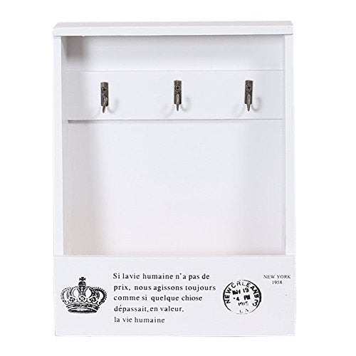 Olpchee Retro Wooden Wall Mounted & Tabletop Key Holder Rack Organizer Letter Mail Holder with 3 Key Hooks for Entryway Kitchen Office (White)