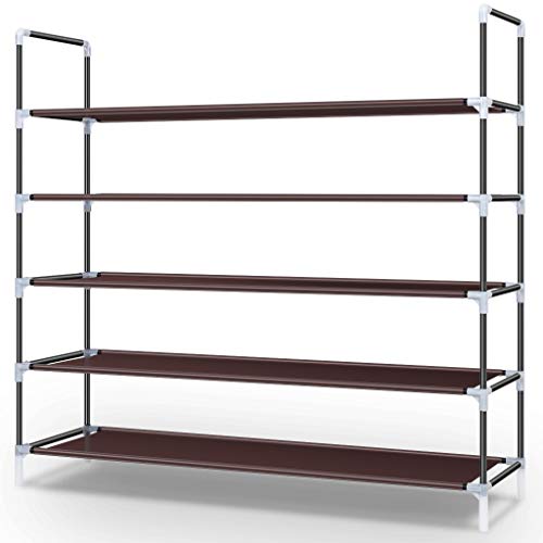 Awenia 5 Tiers Shoe Rack Organizer 25 Pairs,Stackable Shoes Storage Shelves Metal for Closet with Spare Parts DIY Assemble,Brown