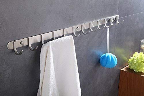 Hook/Coat Rack with 12 Square Hooks- Modern Wall Mounted - Ultra Durable with Solid Steel Construction, Brushed Stainless Steel Finish, Super Easy Installation, Rust and Water Proof.
