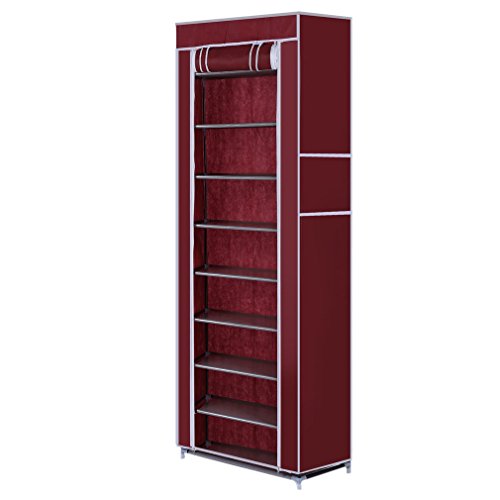 lOOkME-H 10 Layer 9 Grids Shoe Rack Hanging Shelves Shoe Storage Closet Organizer with Cover (Wine red)
