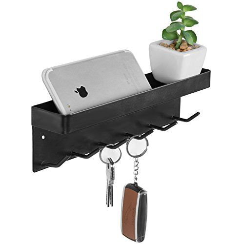 MyGift 6-Hook Wall-Mounted Black Metal Key Holder with Top Shelf