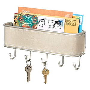 mDesign Wall Mount Metal Mail Organizer Storage Basket - 5 Hooks - for Entryway, Mudroom, Hallway, Kitchen, Office - Holds Letters, Magazines, Coats, Keys - Satin/Taupe Leather