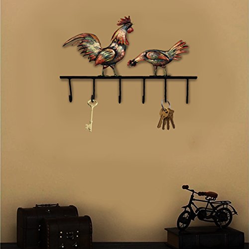 Crafia Decorated Wall Mounted Rooster Shape Iron Key Holder and Key Hooks | Decorative Unique Key Organizer with 6 Hooks