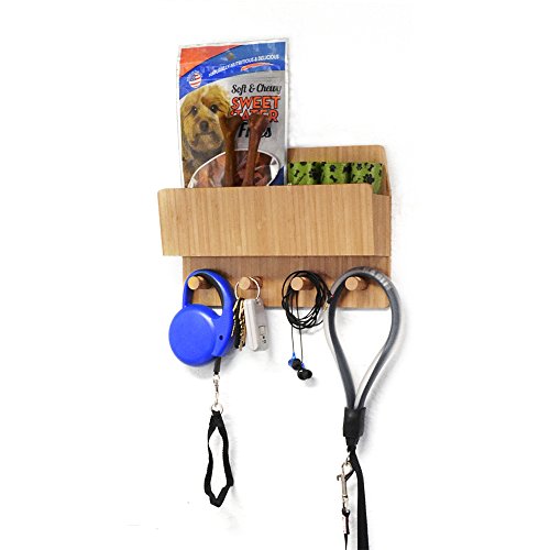 MobileVision Bamboo Pet Supply Organizer All-in-One Wall Mounted Dog Leash Holder/Rack Extra Space Compartment for Storage of pet Essentials Treats/Keys/Toys