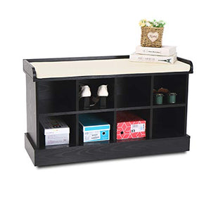 Shoe Storage Bench for Entryway 8 Cubbies Organizer Wood Hallway Bench with Fireproof Cushion Black