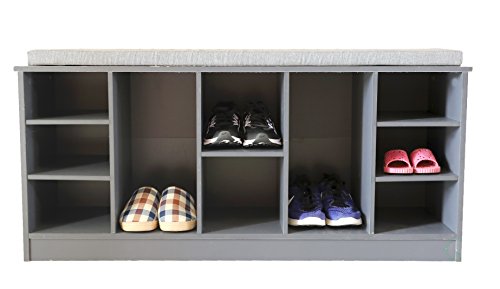 Basicwise QI003280LNEW Wooden Shoe Cubicle Storage Entryway Bench with Soft Cushion for Seating Grey