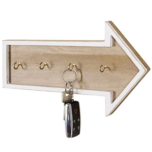 MyGift Wall-Mounted Vintage White Wood Arrow Key Holder with 4 Metal Hooks