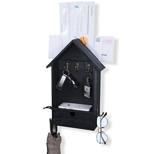 Entryway Décor Organizer Wall Mount Key Hook Mail Holder Drawer Storage Rack (Black)