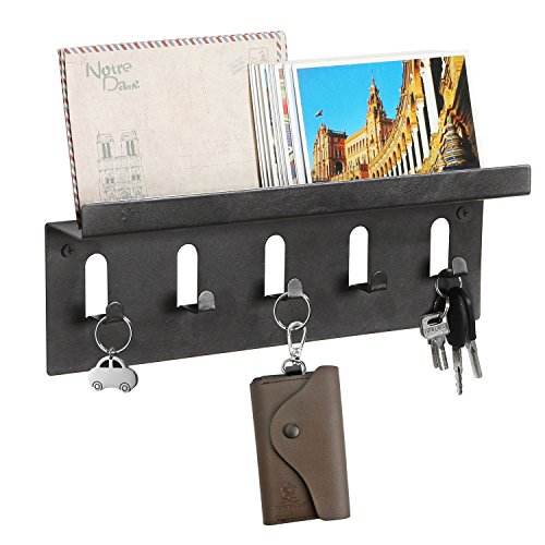 MyGift Wall Mounted Black Metal Mail Holder Shelf w/ 5 Key Hooks, Organizer Storage Rack