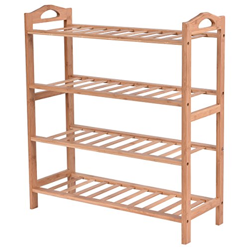 L-PH Shoe Storage Rustic 4 Tier Bamboo Shoe Rack Entryway Shoe Shelf Holder Storage Organizer Furniture