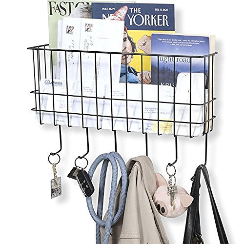 WALL35 Sicily Unique Metal Wire Basket - Wall Mounted Entryway Organizer - Key Holder - Coat Rack with Hooks - Mail and Magazine Holder (Black)