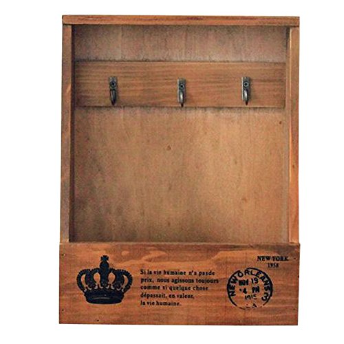 Olpchee Retro Wooden Wall Mounted & Tabletop Key Holder Rack Organizer Letter Mail Holder with 3 Key Hooks for Entryway Kitchen Office (Brown)