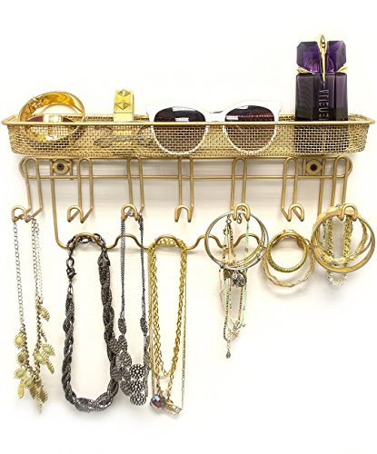 Sorbus Jewelry Organizer Holder, Mail & Key Rack, 13 Hook Wall Mounted Storage Shelf - Perfect for Jewelry, Accessories, Beauty Products, Mail, Keys, and Much More! (Gold)