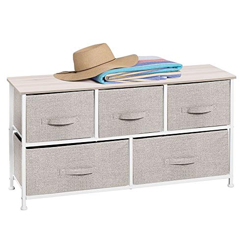 mDesign Extra Wide Dresser Storage Tower - Sturdy Steel Frame, Wood Top, Easy Pull Fabric Bins - Organizer Unit for Bedroom, Hallway, Entryway, Closets - Textured Print - 5 Drawers - Linen/White