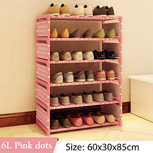 FKUO Multi Layer Shoe Rack Nonwovens Steel Pipe Easy to install home Shoe cabinet Shelf Storage Organizer Stand Holder Space Saving (pink dots-6L)