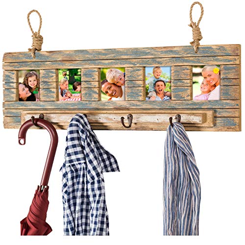 Rustic Wall Mounted Coat Rack with 4 hanging hooks and. 31"x9" Holds 5 photos. Use as coat rack, hat organizer, key holder. Perfect for Entryway, Mudroom, Kitchen, Bathroom, Hallway, Foyer