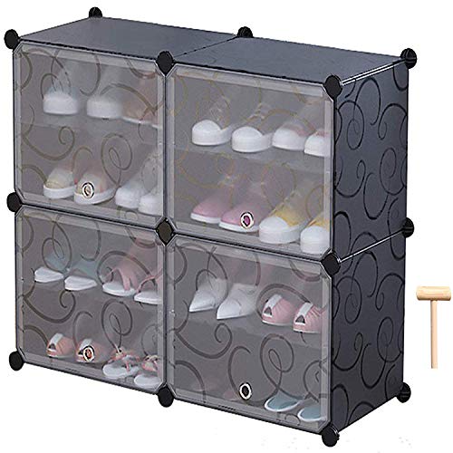 C&AHOME 4-Tier Shoe Rack, Space Saving 16-Pair Plastic Shoe Storage Organizer Units with Doors, Shoe Storage Cabinet, Ideal for Entryway Hallway Bathroom Living Room and Corridor, Black