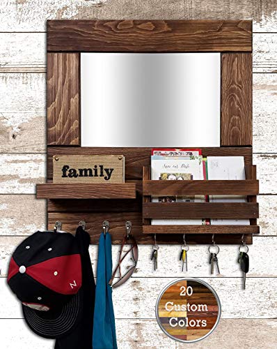 Bristol Mail Holder Wall/Key Holder Wall Shelf/Decorative Mirror/Rustic Wooden Mail Organizer - Restyled Farmhouse Entryway Mirror Wall Organizer & Shelf - Special Walnut