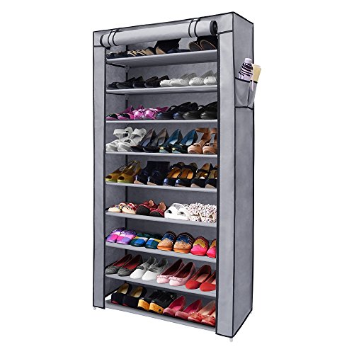 NEX 10-Tier Shoe Rack Portable Shoe Organizer Dustproof 45-Pairs Shoe Cabinet with Watreproof Non-Woven Cover (Large, Silver Grey)