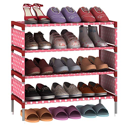 LEHUO HOME Shoes Rack Easy Assembled Non-Woven 5-Tier Shoe Shelf Storage Organizer Stand Holder Keep Room Neat Door Space Saving (Pink)