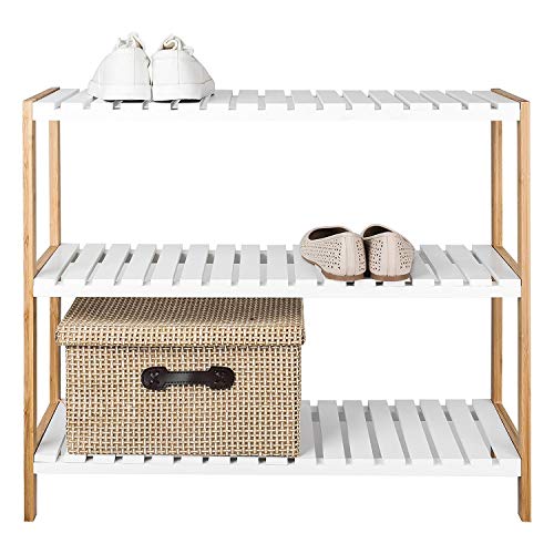 TopHomer 3 Tiers 12 Pairs Capacity Bamboo Shoe Rack Bench Shelf Storage Organizer Adjustable Sturdy Shoe Rack Shoe Holder Stand Rack Rise Shoes Unit Organizer for Hallway Entryway Living Room