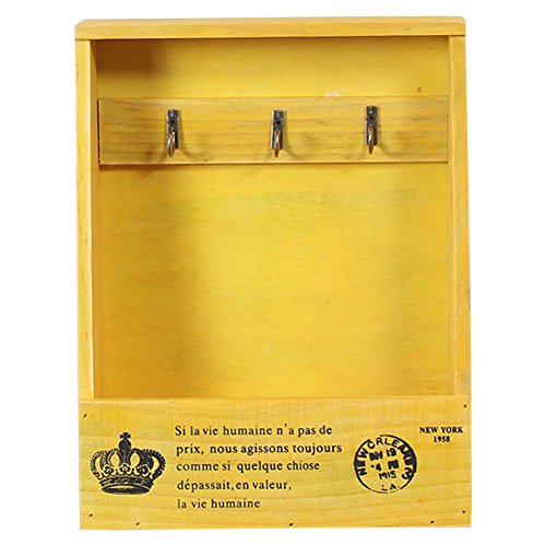 Olpchee Retro Wooden Wall Mounted & Tabletop Key Holder Rack Organizer Letter Mail Holder with 3 Key Hooks for Entryway Kitchen Office (Yellow)
