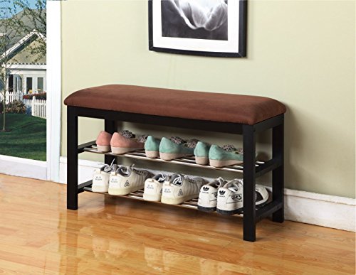 Roundhill Furniture Dark Espresso Wood Shoe Bench with Chocolate Microfiber Seat