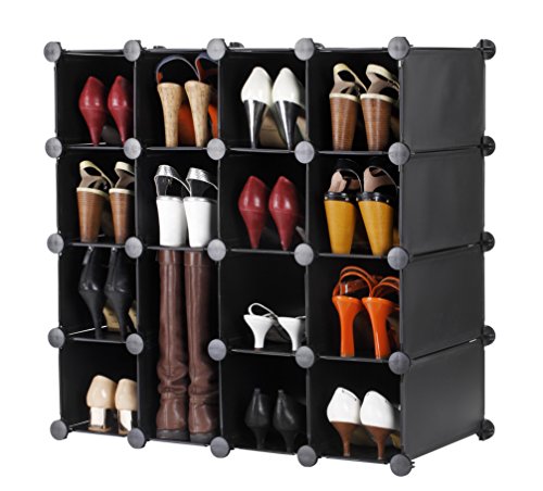 VonHaus 16x Black Interlocking Shoe Cubby Organizer Storage Cube Shoes Rack - Build Into Any Shape or Size to Organize Shoes, Clothing, Toys and DVDs