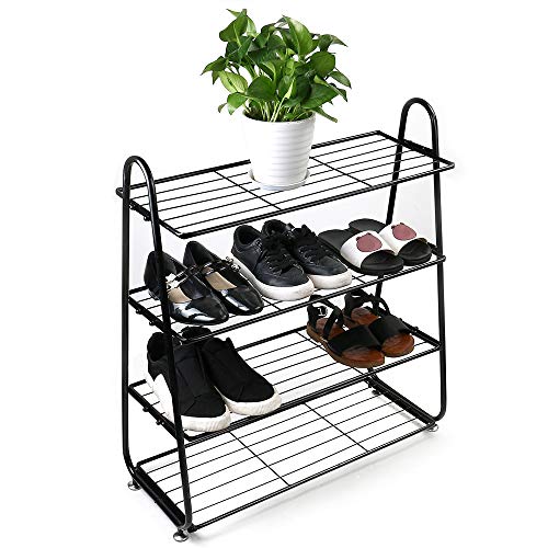 Nibito Shoe Rack 24.8Lx27.96Wx9.84H Inch 4-Tire Shoe Tower Organizer Storage Shelf Cabinet Holds 20 Pair Easy to Assemble Stackable Storage Organizer Wire Shelves Hall Entryway Black (Black)