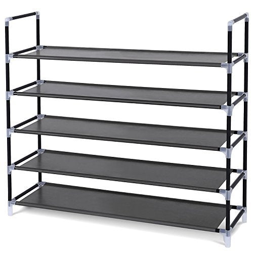 5-Tier shoe rack organizer storage bench stand for mens womens shoes closet with unwoven fabric shelves & holds 25 pairs.Hot black shoe racks with unwoven fabric shelf & easy assembly no tools