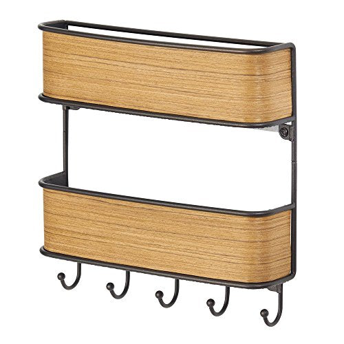 InterDesign RealWood 2-Tier Mail Organizer and Key Rack - Wall Mounted Letter Shelf and Key Hooks, Bronze/Teak Finish