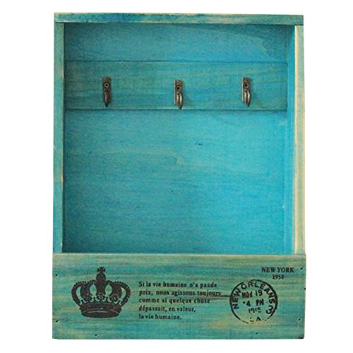 Olpchee Retro Wooden Wall Mounted & Tabletop Key Holder Rack Organizer Letter Mail Holder with 3 Key Hooks for Entryway Kitchen Office (Blue)